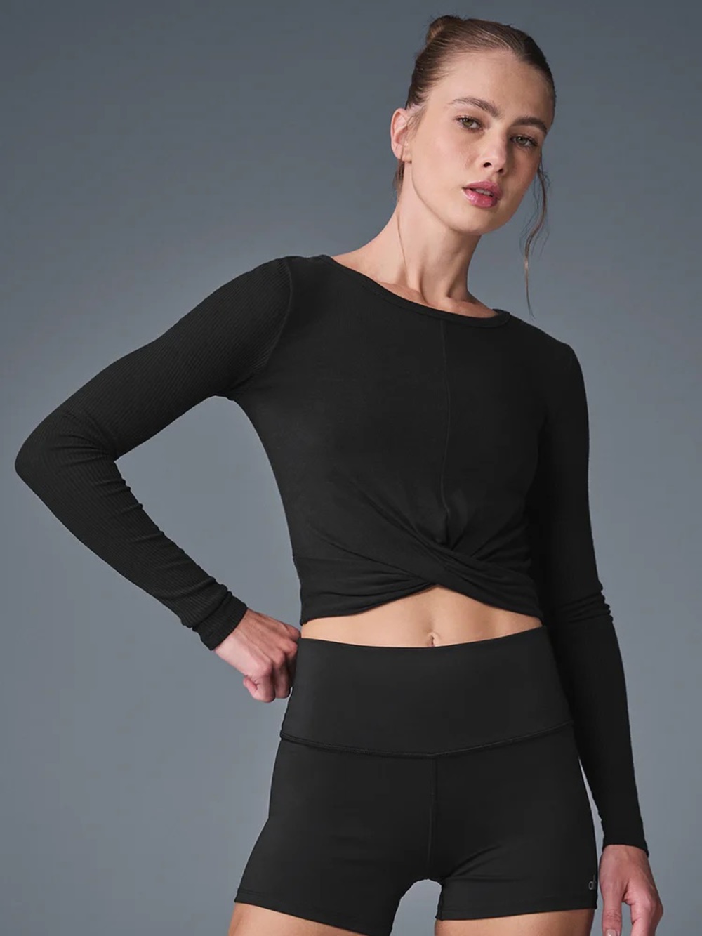 ALO Yoga Black Long Sleeve Twist Front Crop Tee